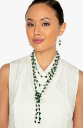 2-Rope Green Malachite & Freshwater Cultured Pearl Necklace & Dangle Earrings "Fern"